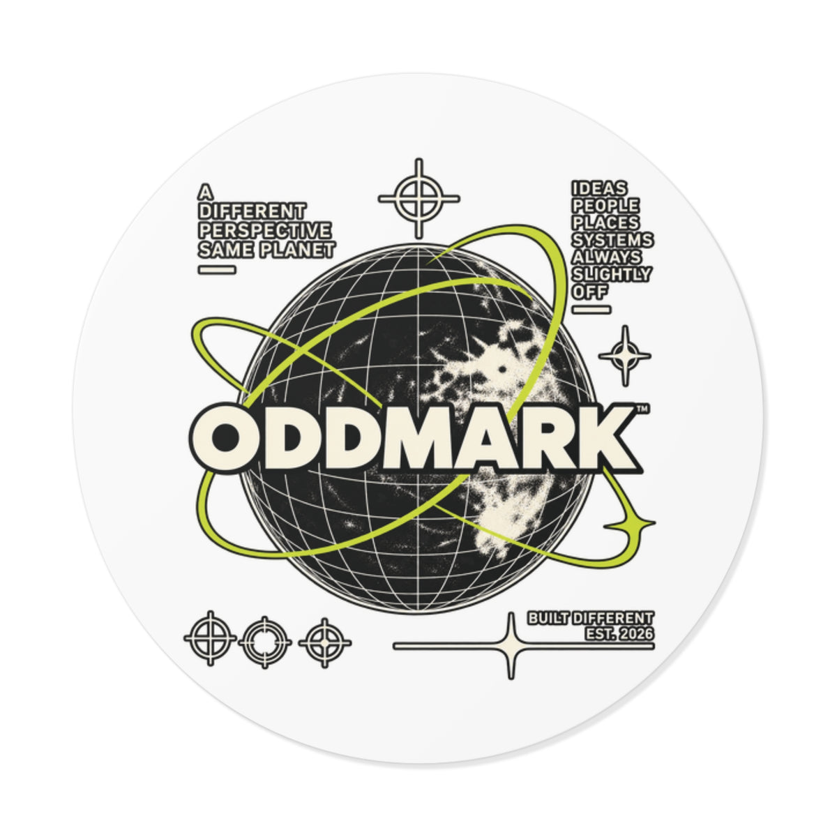 Oddmark “Built Different” Round Vinyl Sticker — 2" × 2"